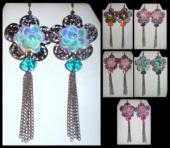 Filigree Sequin Flower Tassel Dangle Earrings * U Pick  