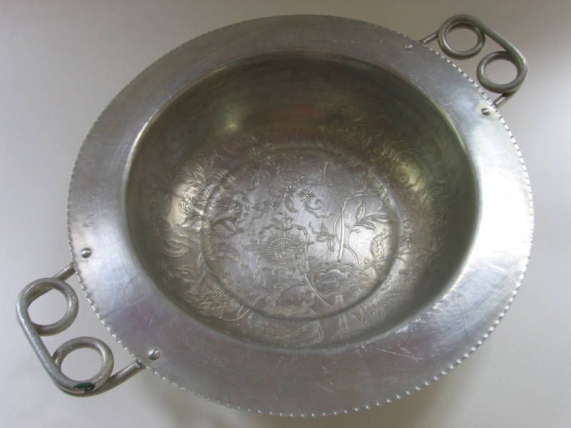 Vintage Hand Forged Lehman Aluminum Floral Bowl Handled  