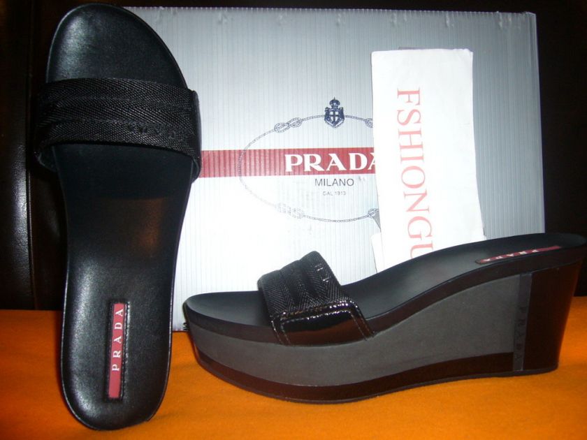 NIB PRADA BLACK WEDGE PLATFORM SHOES SLIDES 7.5 37.5  