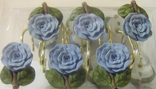 12 HAND PAINTED SPANISH ROSE SHOWER CURTAIN HOOKS NEW  