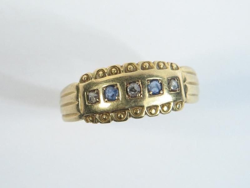 QUALITY ANTIQUE ENGLISH 18K GOLD SAPPHIRE DIAMOND RING  