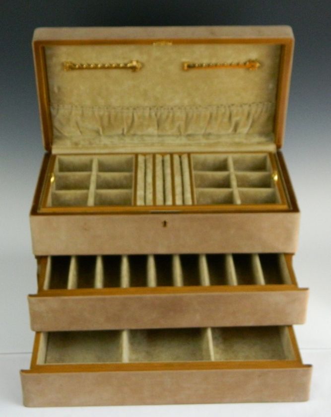 LARGE  ITALY BROWN MICRO SUEDE FABRIC WOOD JEWELRY BOX CASE 