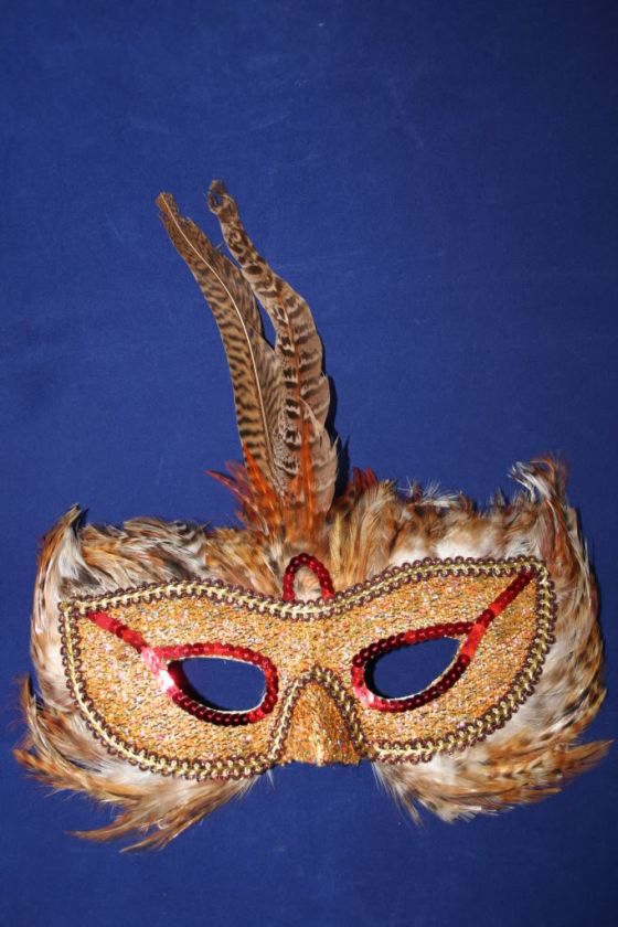 Masquerade Mask Headband with Feathers & Gold Sequins  