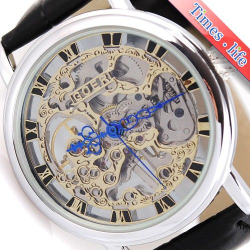 Mens Light Gold Carve Dial Handwind Mechanical Watch Silver See 