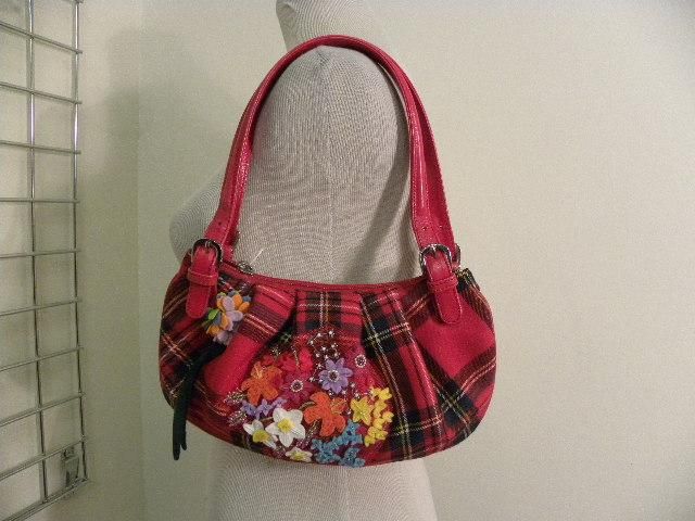 MOSCHINO Red Plaid Shoulder Bag W/ Felt Flowers MINT  