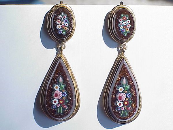 Vintage Italian 18Kt 750 Gold MICRO MOSAIC Flowers Pierced Dangle 