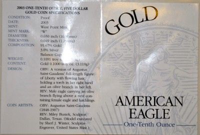 AMERICAN EAGLE GOLD $5 ONE   TENTH OUNCE PROOF GOLD BULLION COIN 2003 