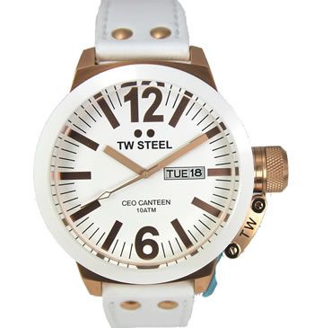 TW Steel CEO Canteen White Leather Band Mens Watch CE1035  