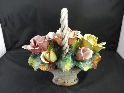 Italy Capodimonte Flower Basket Centerpiece Roses Leaves Over 10 