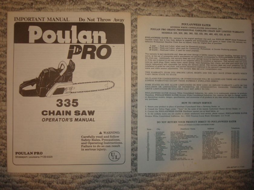 Poulan Pro 335 Chainsaw Operators Manual  