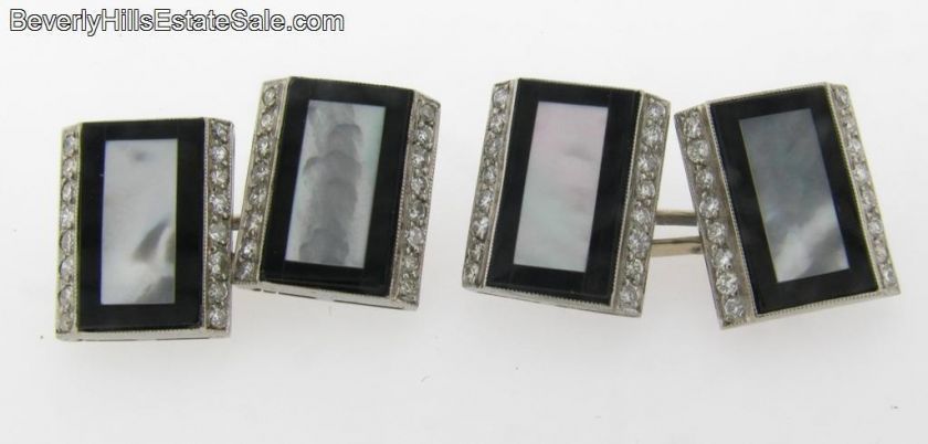 Plat Mother of Pearl Diamonds Onyx Art Deco Cufflinks  