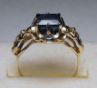   ANTIQUE ART DECO 2.68cts EMERALD CUT BLUE SAPPHIRE 14KT RING  