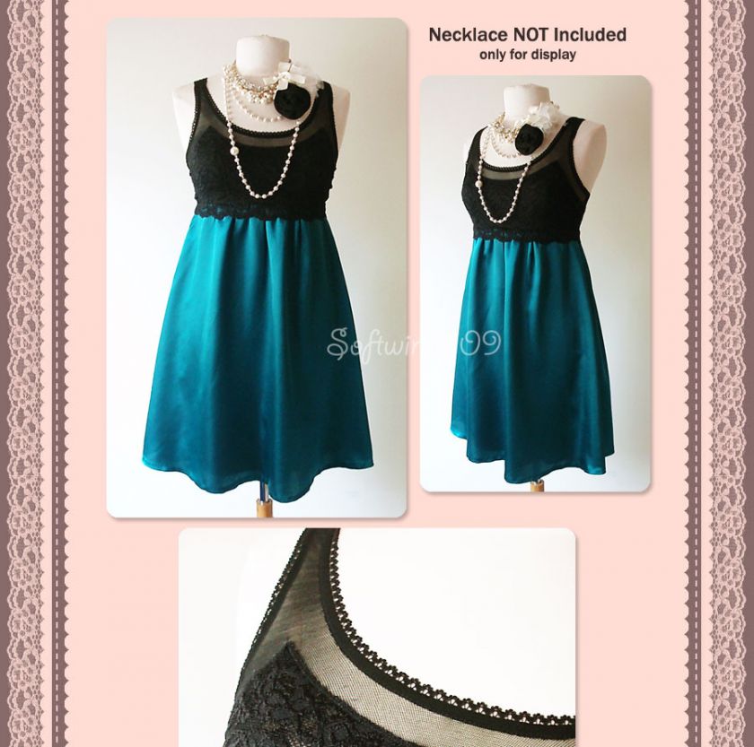 NWT Arden B Black/Teal Lace Top/Silky Satin Flare Skirt Babydoll 