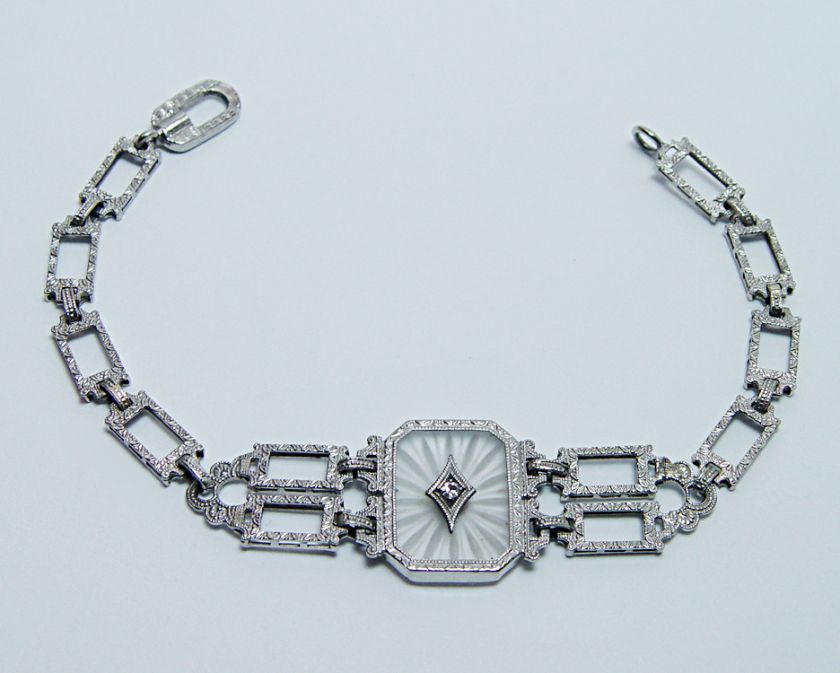 Antique European Diamond Rock Crystal Etch Bracelet 14K White Gold 