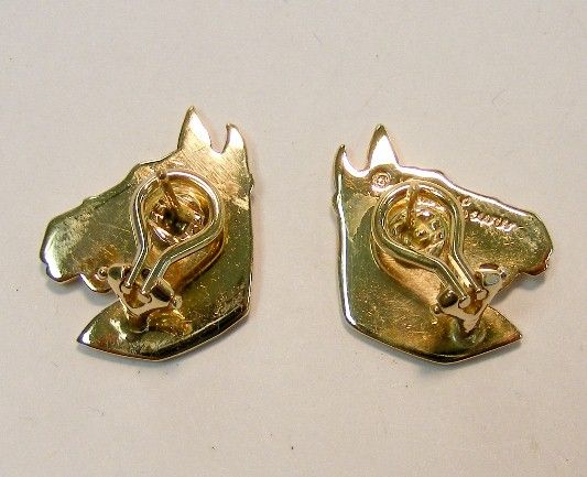 LYDA LEWIS 14K GOLD DIAMOND HORSE OMEGA BACK EARRINGS *  