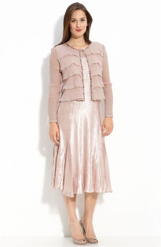 418 Komarov Pleated Charmeuse Dress w Ruffle Jacket Vintage Rose Sz 