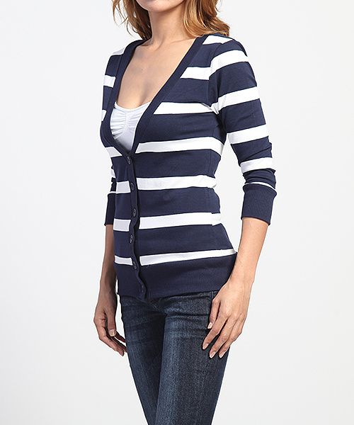 MOGAN Bold Stripe Cozy 3/4 Sleeve CARDIGAN Button Up V neck Fitted Tee 