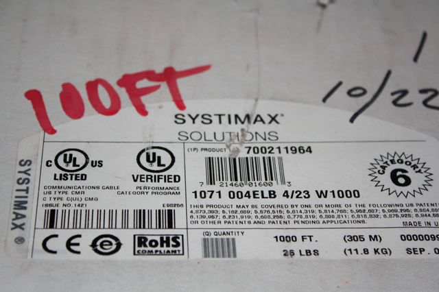 100FT SYSTIMAX 700211964 23AWG 4 PAIRS CAT 6 U/UTP COMMUNICATIONS 
