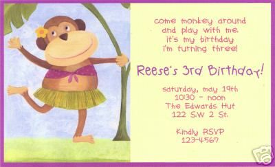 Personalized Girls Hula Monkey Birthday Invitations  