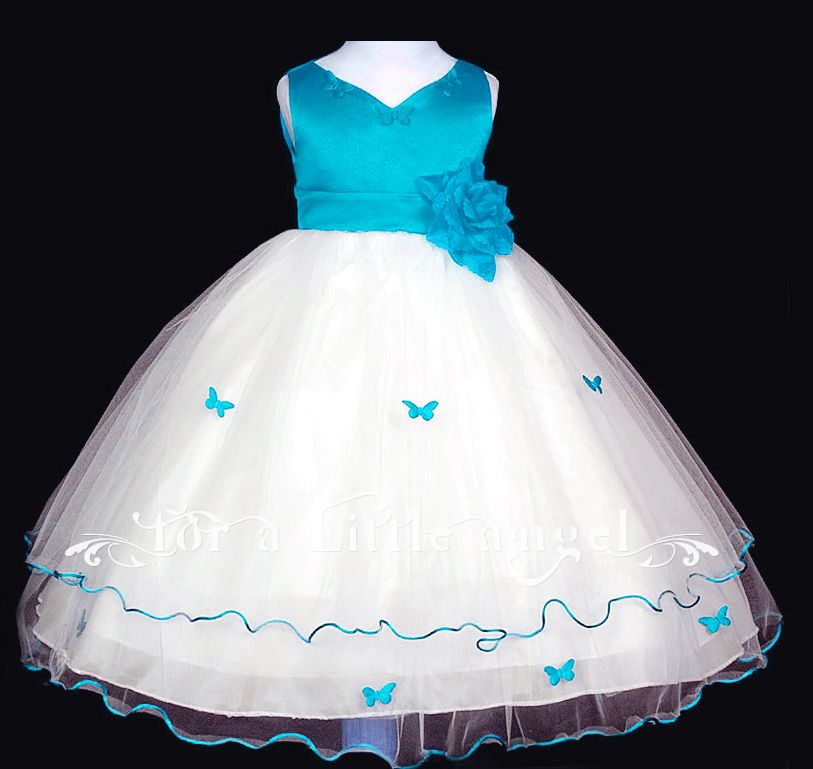 Aqua Blue Flower Girl Dress Butterfly Pageant sz S  