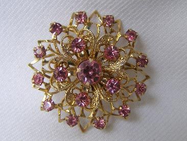 Vtg Pink Rhinestones Brooch  