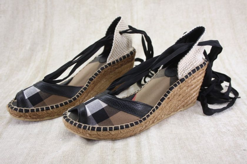 Burberry Black lace up Espadrille Wedge Sandals Nova Check 40 10 US 