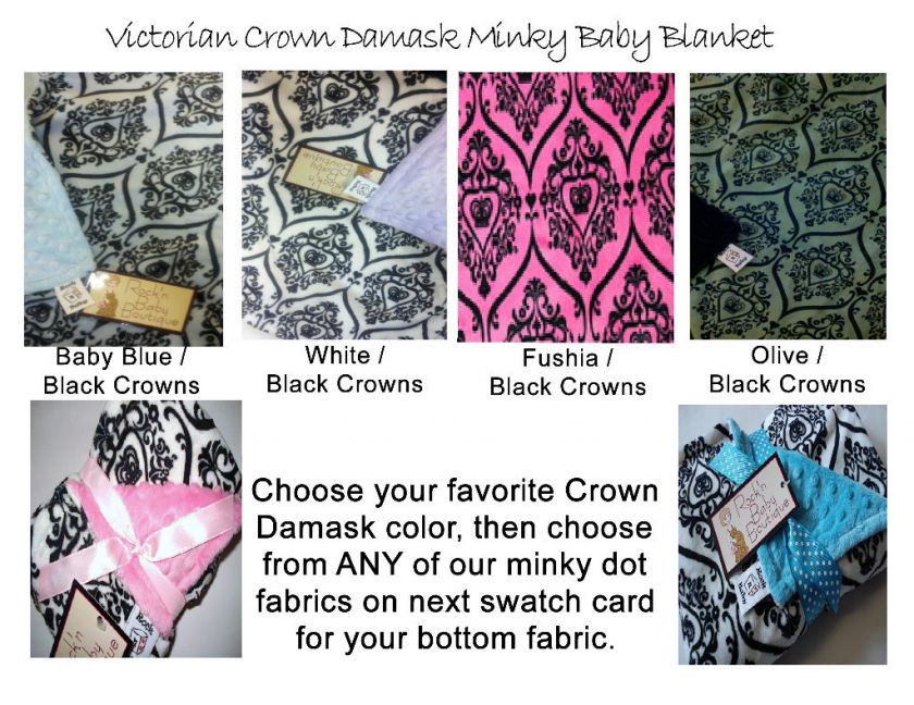 Custom Personalize MINKY Damask Crown Baby Blanket  
