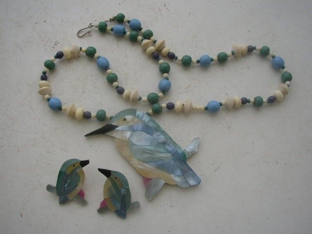 Vintage Unique Mother of Pearl Bird Necklace  Earrings  