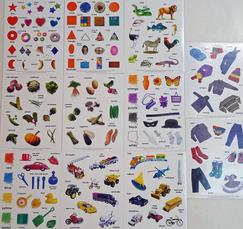   EMBELLISHMENTS CARDS CRAFTS   11 SHEETS STICKERS CARS FOOD CLOTHS KIDS