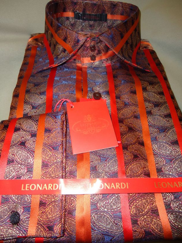   Orange Stripe & Navy Blue Paisley High Collar F/C Dress Shirt  
