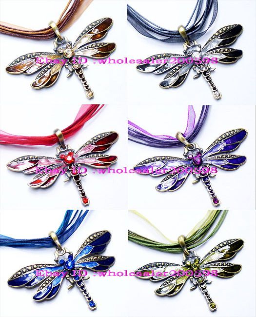 WHOLESALE 12strds Dragonfly Rhinestone&Alloy Necklaces  