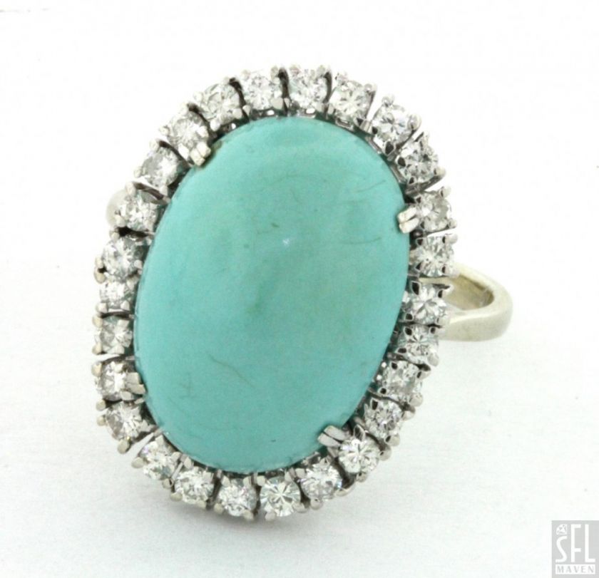 VINTAGE 18K WHITE GOLD ITALY .65CT DIAMOND/TURQUOISE COCKTAIL RING 