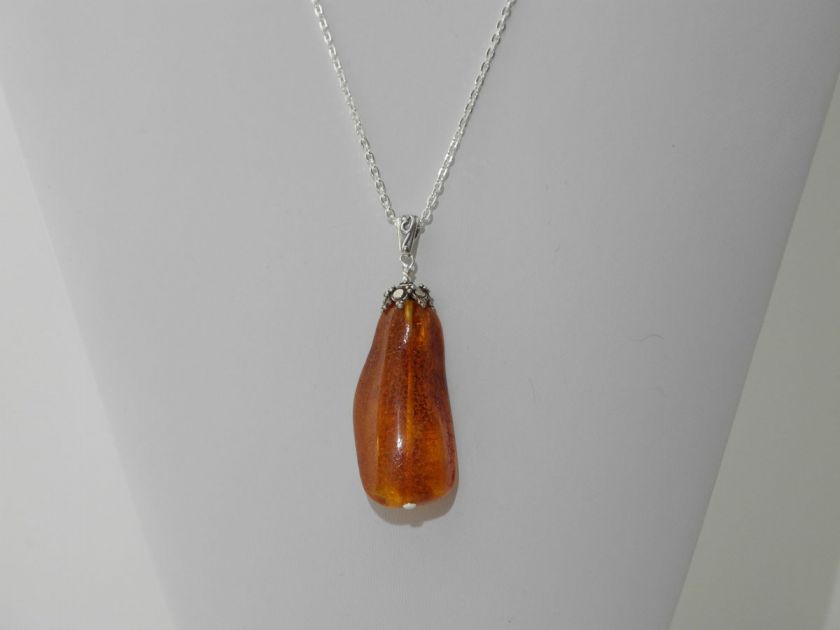   NATURAL GENUINE BALTIC AMBER BEAD 925 STERLING SILVER PENDANT NECKLACE