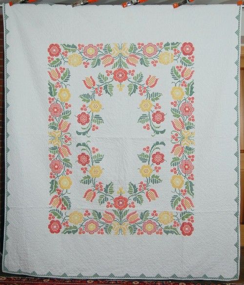 40s American Calico Tulip, Rose & Berry Antique Quilt ~DENSE HAND 