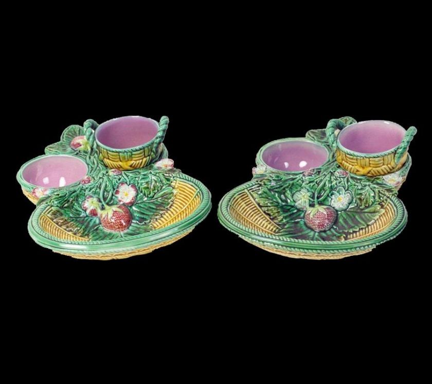 EXCEPTIONAL RARE PAIR ANTIQUE GEORGE JONES MAJOLICA STRAWBERRY SERVERS 