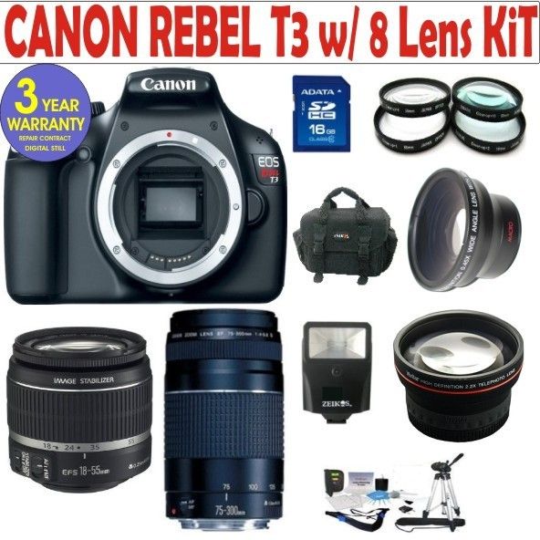 CANON REBEL T3 DIGITAL CAMERA w/ 8 LENSES + FLASH KIT 610563301126 