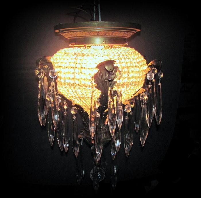 Antique FRENCH BEADED Chandelier Leaf Design CRYSTAL Vintage  