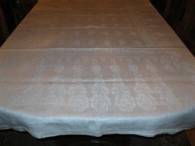 VINTAGE WHITE LINEN DAMASK HEM STITCHED TABLECLOTH 86 X 57  