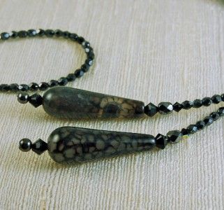 Lariat Tie Necklace Black Dragons Vein Agate made using Jet Swarovski 