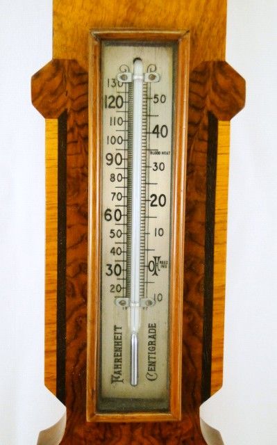 Antique C1920s English Burl Walnut Inlaid Barometer Thermometer 