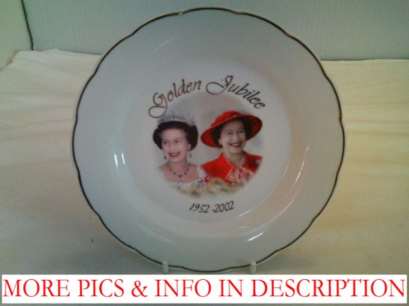  plate with a gold coloured edge and 2 pictures of Queen Elizabeth II 