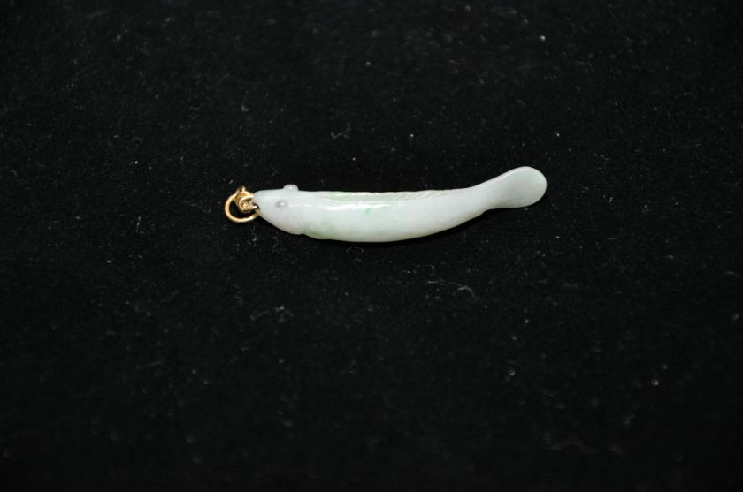 Vintage Green Jade Nephrite Fish Pendant 14K Gold  