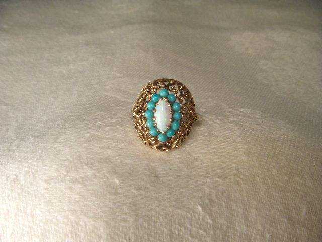 Estate 14K Pink Rose Gold Filigree Opal Turquoise Ring  