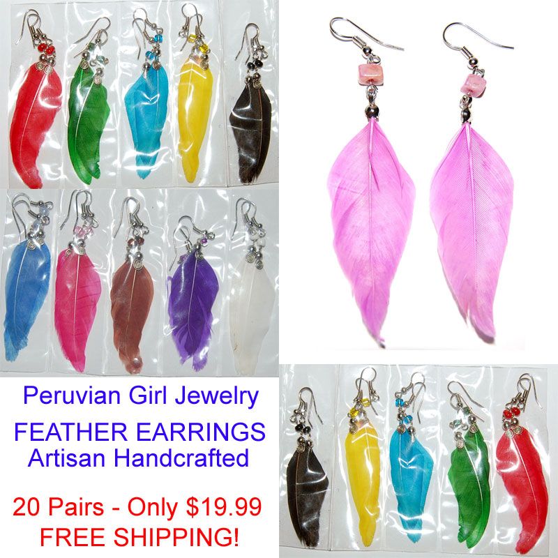 20 PAIRS FEATHER EARRINGS PERUVIAN FASHION JEWELRY COLORFUL PERU 