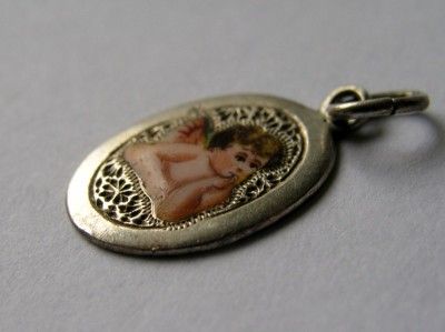 GORGEOUS ANTIQUE GERMAN SILVER & ENAMEL CHERUB ANGEL CHARM 