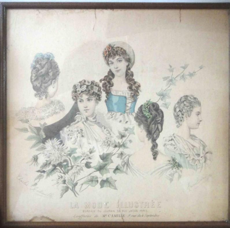 1840 antique LA MODE ILLUSTREE HAIR SYTLE ENGR w/FRAME  