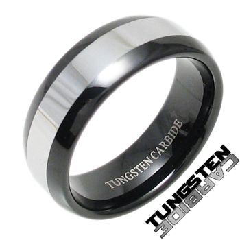 Tungsten Carbide Black w/ Silver Stripe Mens Band Ring  