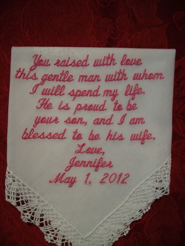 Personalized Embroidered Wedding Handkerchief Hankie Hanky Mother Free 