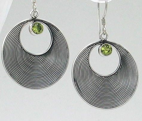 Sterling Silver Textured Hoop Peridot Gemstone Earrings Bali  