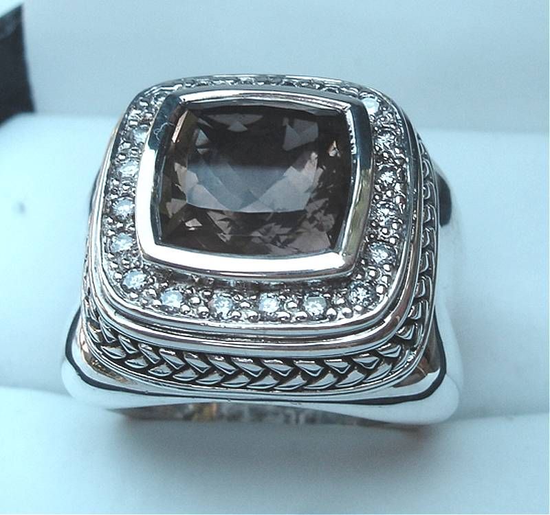 Scott Kay Diamond & Smokey Quartz Silver Square Ring Size 6.5 New 